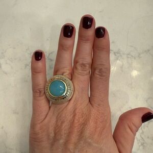 Anna Beck Gold Halo and Silver Band Ring with Light Blue Stone Sz 6